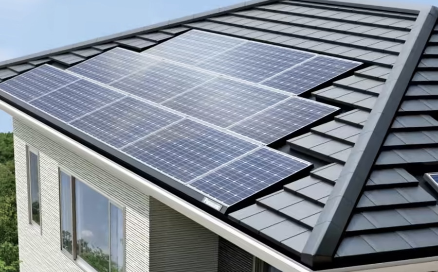 A 3D render showing how Panasonic HIT N 245W solar panels are installed