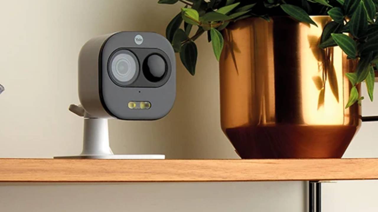 Yale home security system indoor camera on shelf